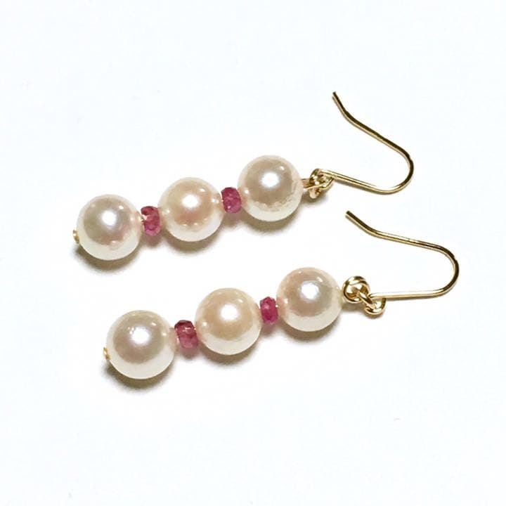 【Rtav】K14GFピアス アコヤ本真珠 6㎜up ＆ ルビー デザインピアス