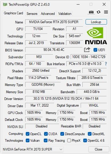 グラフィックボード・グラボ・ビデオカード MSI RTX 2070Super Ventus OC