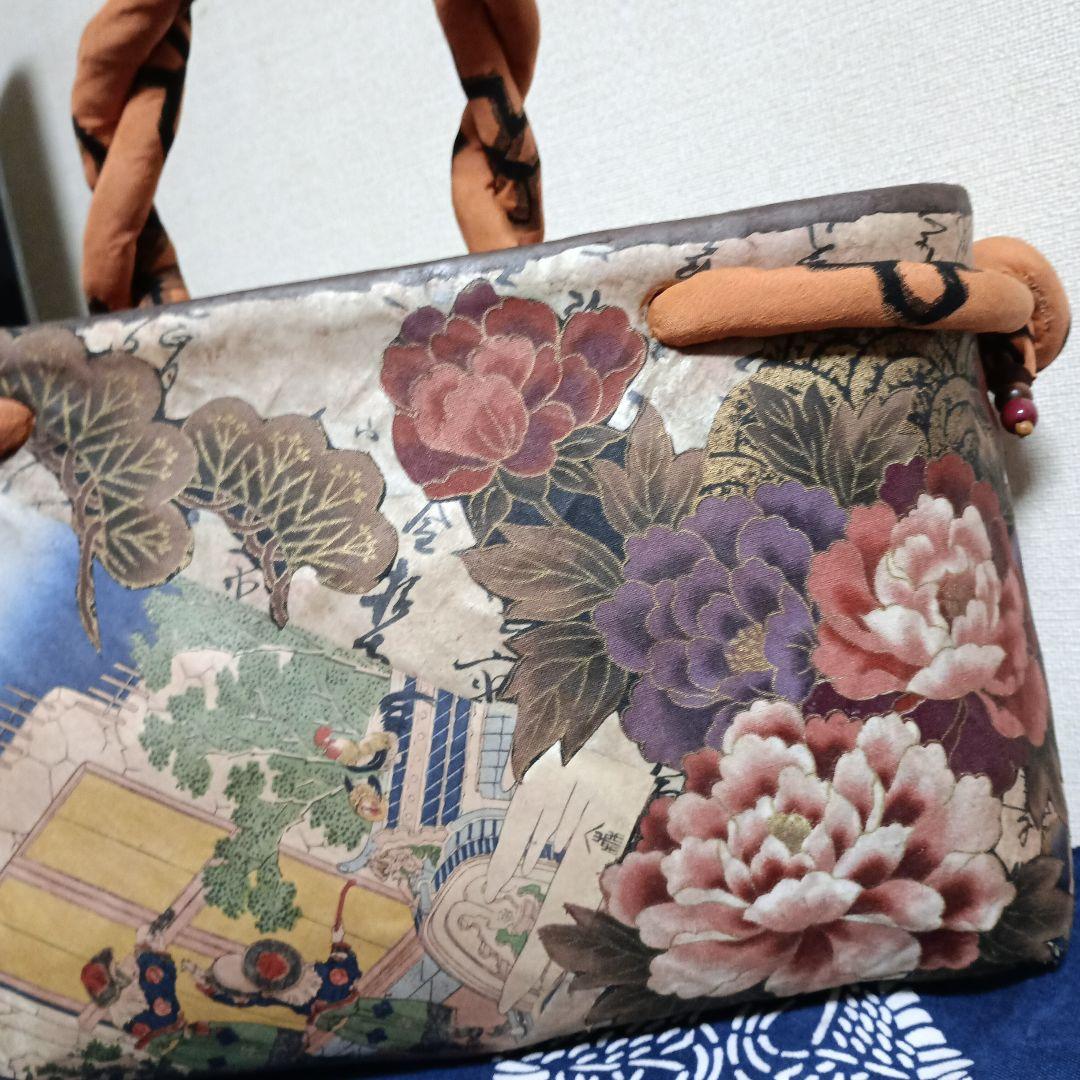 一閑張り　浮世絵　花柄　日本の伝統絵柄 かごバッグ