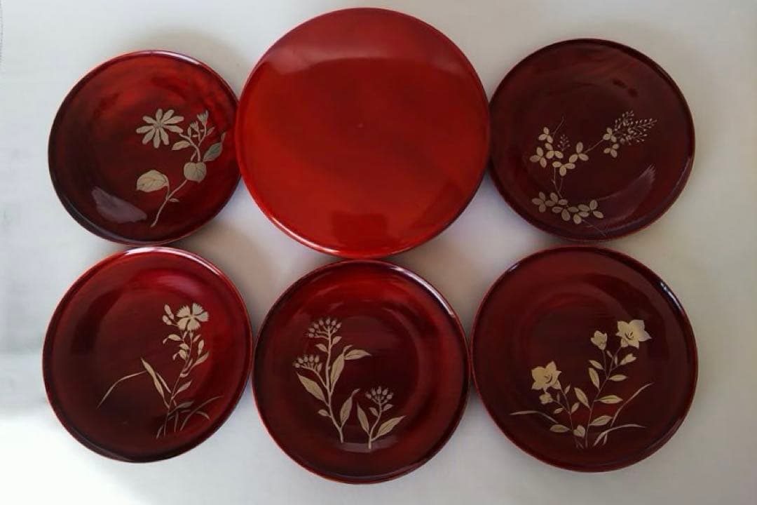 春慶塗食籠と銘々皿★蒔絵★ 菓子器 花模様