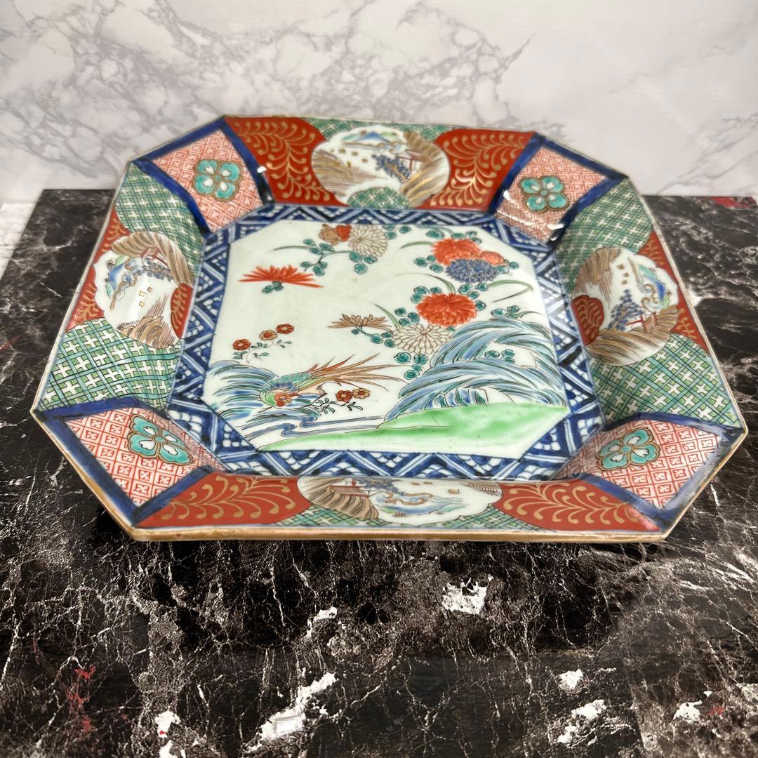 江戸後期、上作品、染錦花鳥図、四方隅大皿。