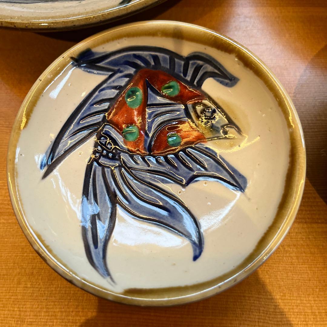 魚模様の陶器皿セットやちむん作家物