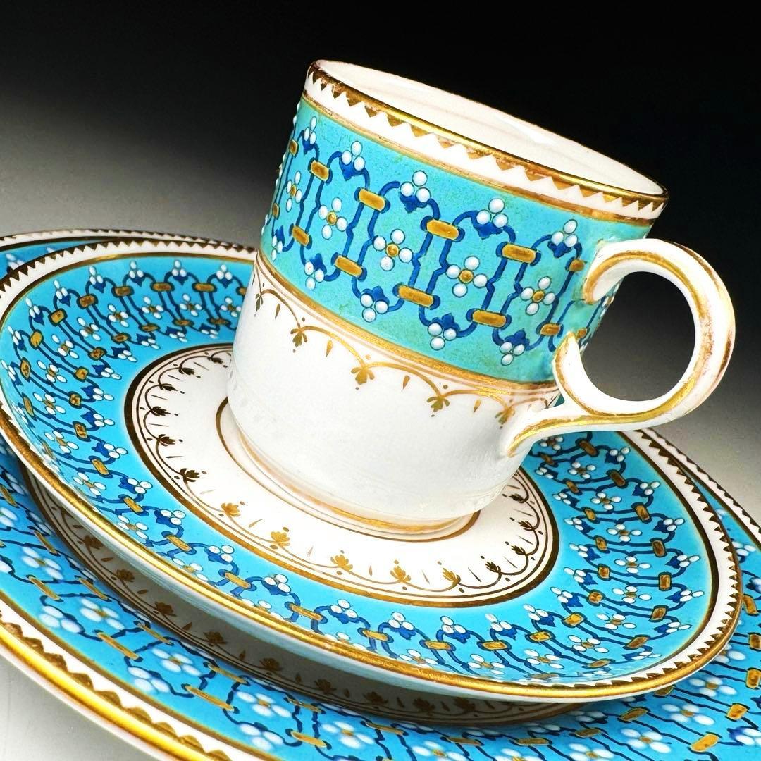 19世紀■光に満ちるターコイズと贅沢な金彩 コープランド ジュエル装飾 トリオ