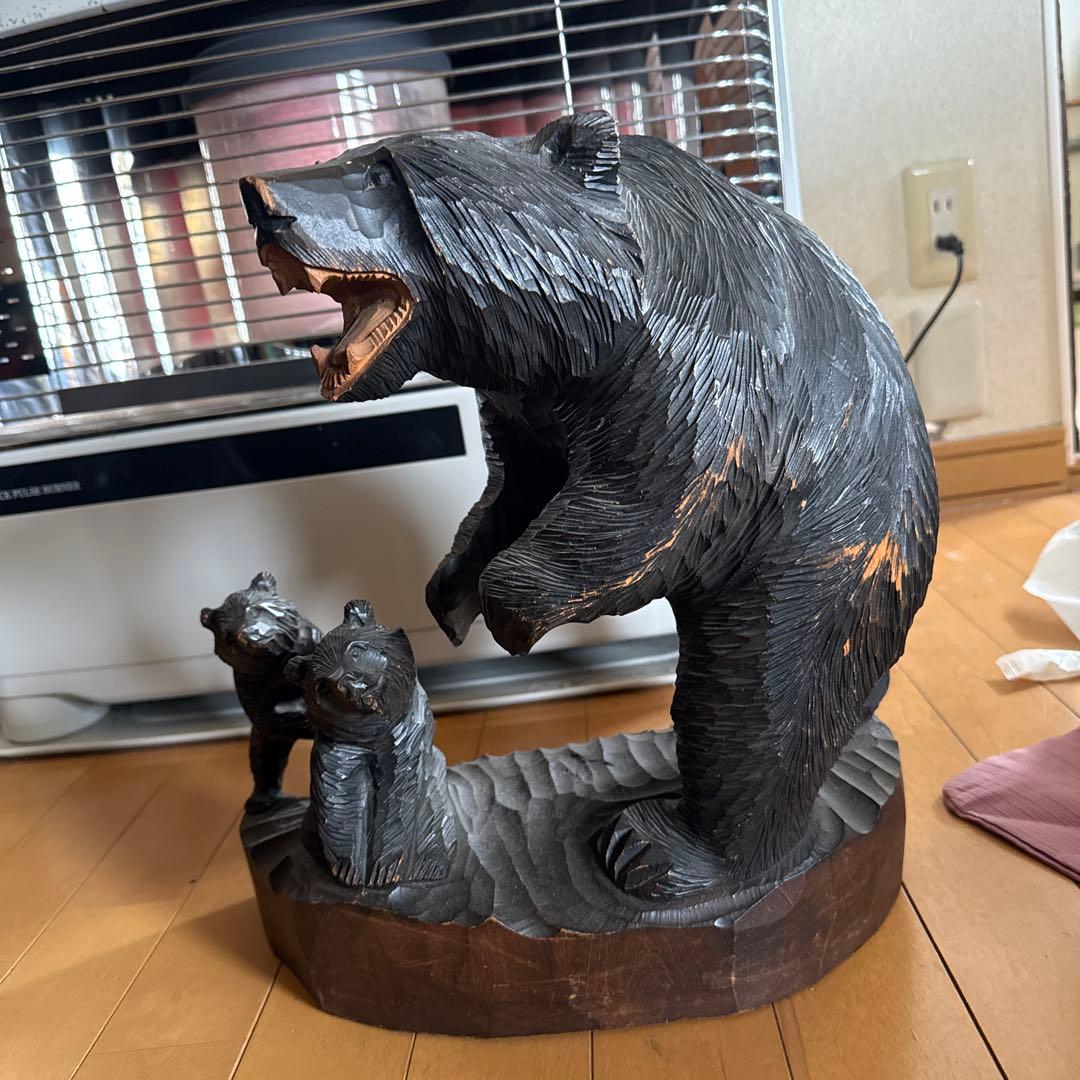 高級木製クマと子グマの彫刻 鮭なし