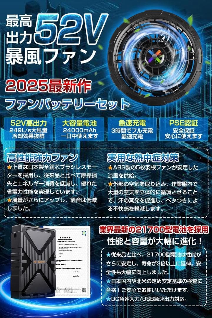 52V⭐️業界最強 ファンバッテリーセット 超高出力 大容量 バッテリー 最新型