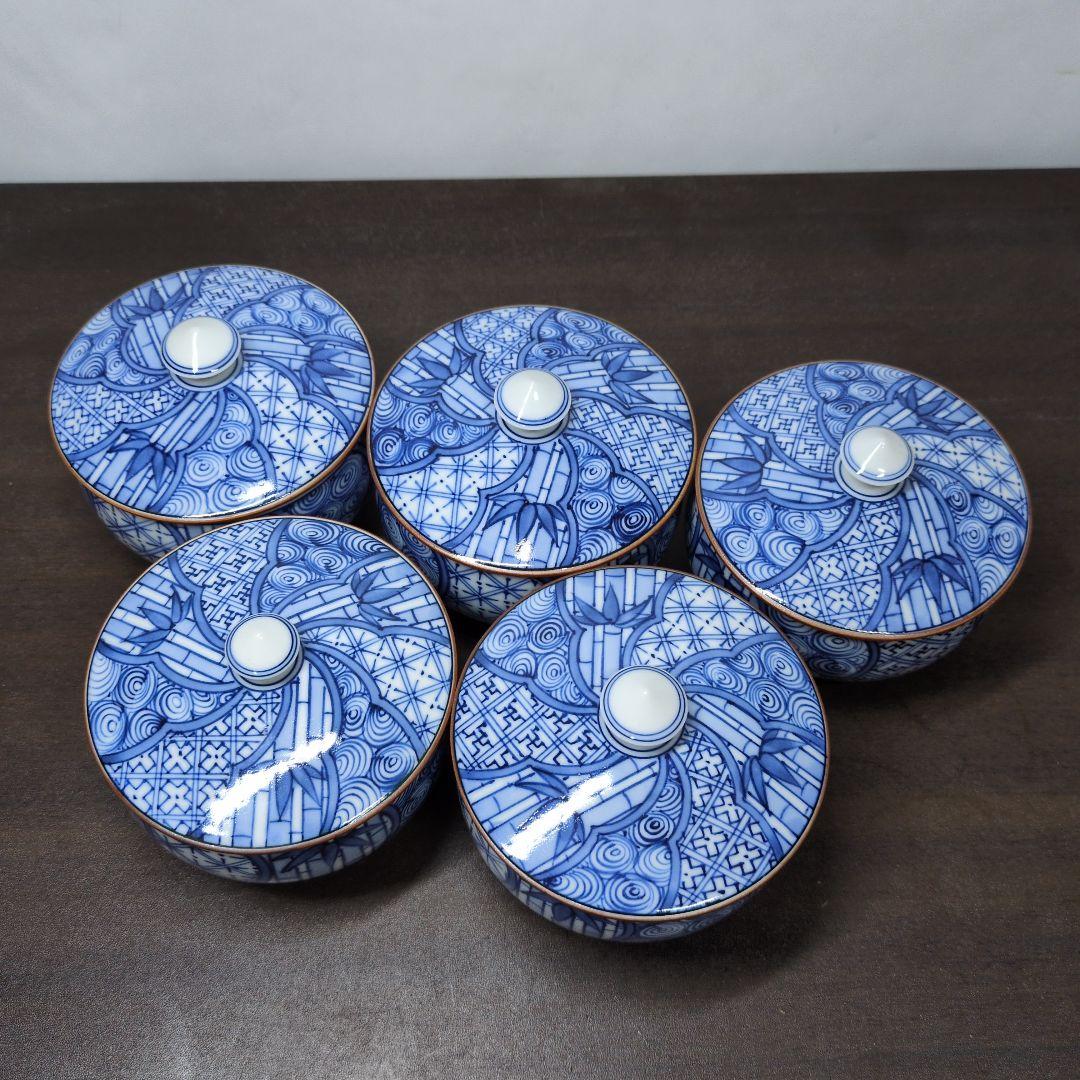 平安 陶峰 造 うず竹祥瑞 お茶呑茶碗 五客 共箱 煎茶道具