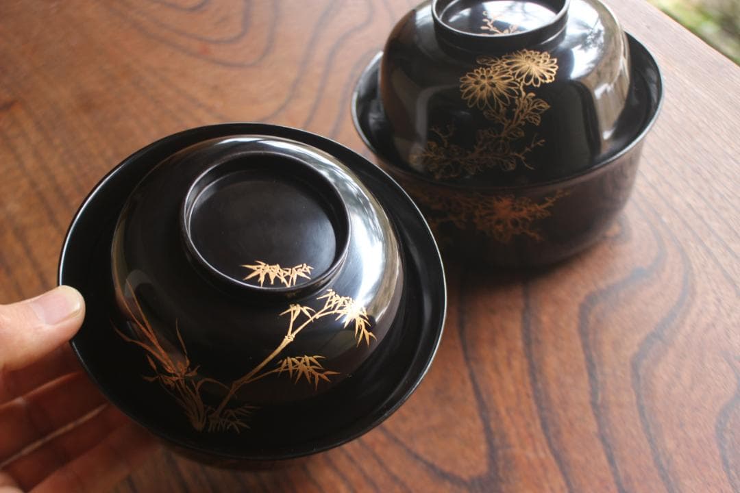 時代逸品！端正な時代黒漆に極上菊蘭蒔絵の映える四つ椀（検懐石道具蒔絵椀茶道具