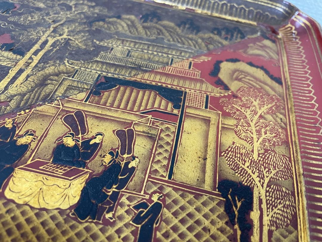 【現状品】漆器 金彩 盆 膳 脚付 風景盆 アンティーク レトロ 希少 3枚