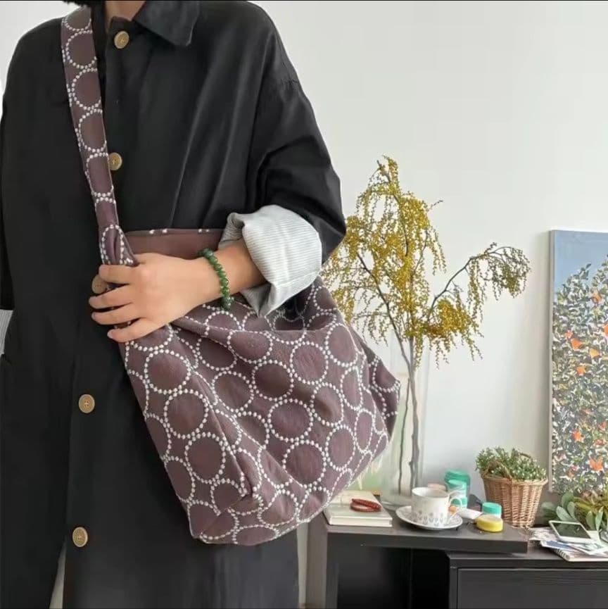 ハンドメイド　ショルダーバッグミナペルホネン　タンバリン　ブラウン×ブルーグレー