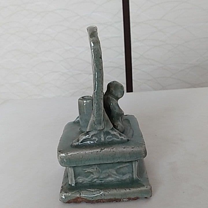 骨董　青磁　人形硯屏
