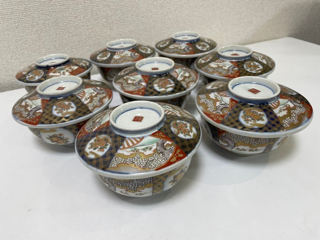 【現状品】古伊万里 陶器 蓋付茶碗 煮付椀 赤絵 金彩 菊柄 割烹 懐石 8個