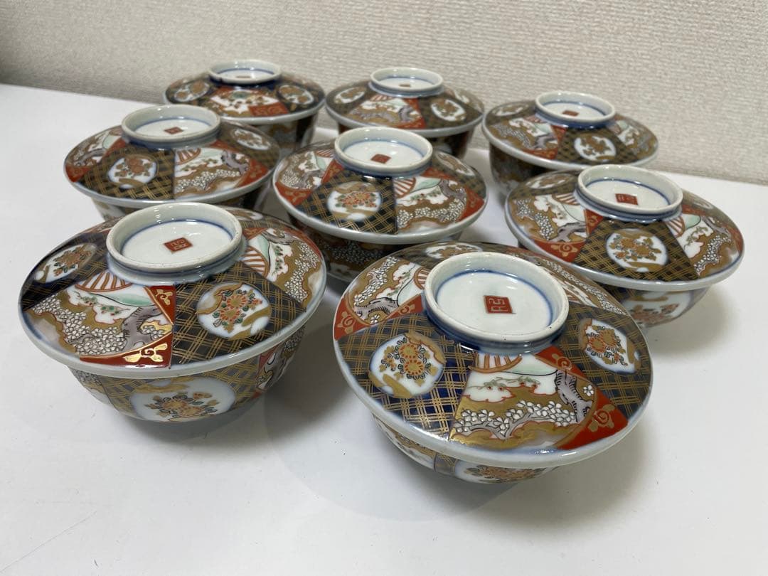 【現状品】古伊万里 陶器 蓋付茶碗 煮付椀 赤絵 金彩 菊柄 割烹 懐石 8個