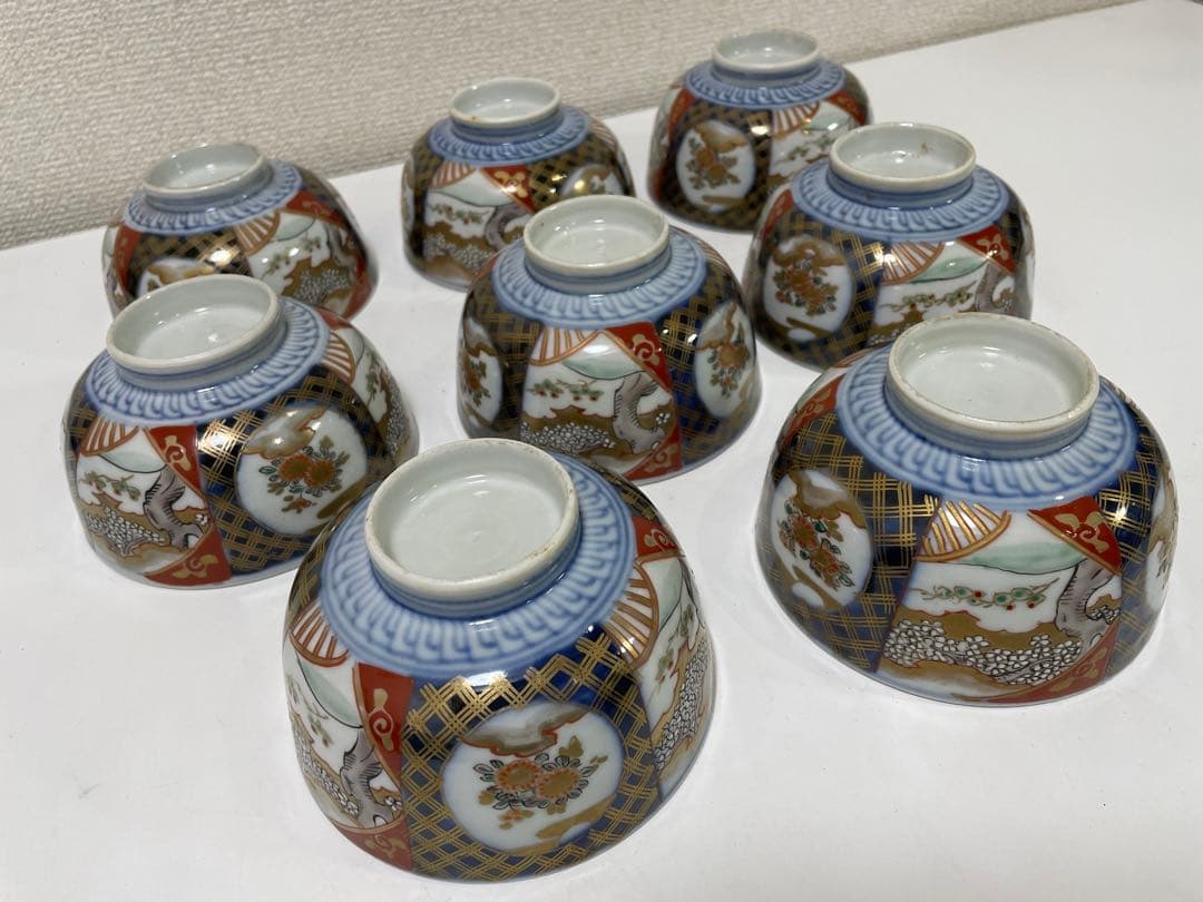 【現状品】古伊万里 陶器 蓋付茶碗 煮付椀 赤絵 金彩 菊柄 割烹 懐石 8個