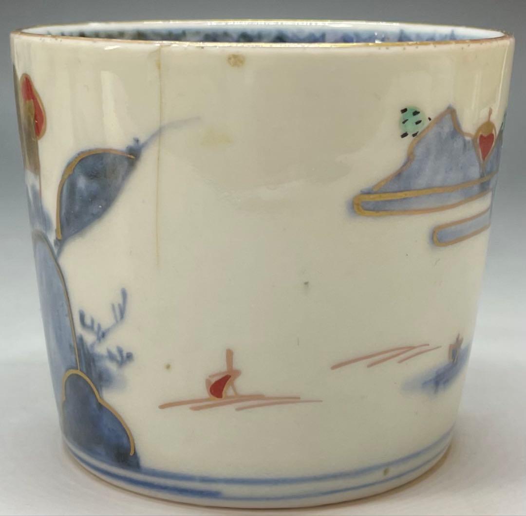 蕎麦猪口　楼閣山水図　古伊万里　切込　染錦　5客　C0095