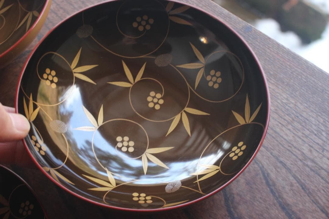 時代逸品！時代刷毛目黄漆に見返し花唐草蒔絵の大ぶり椀2点（検輪島塗京塗懐石椀