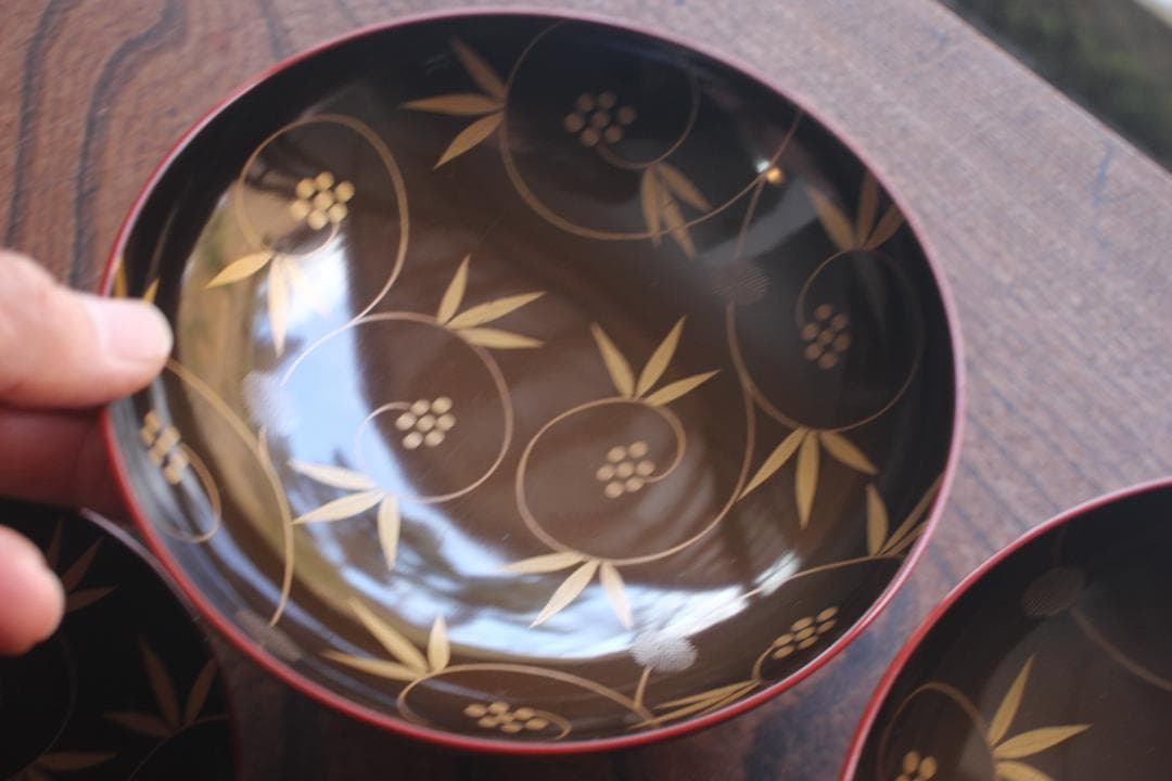 時代逸品！時代刷毛目黄漆に見返し花唐草蒔絵の大ぶり椀2点（検輪島塗京塗懐石椀