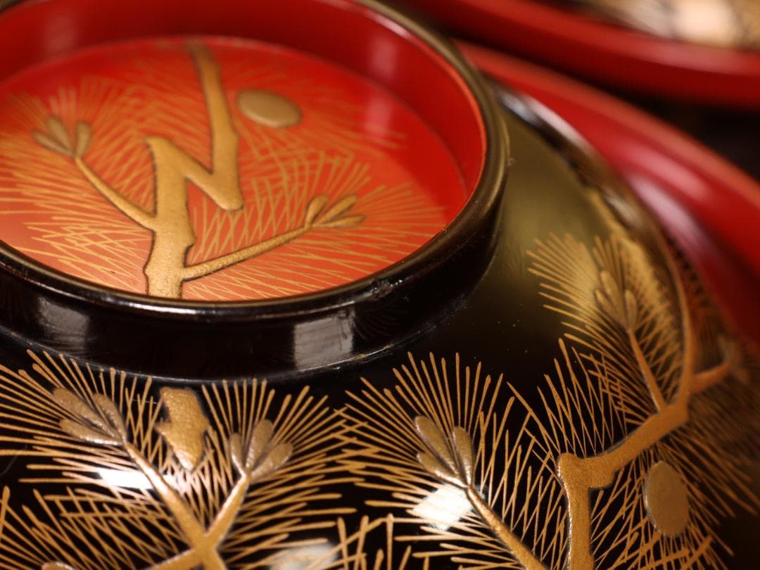BK509　時代輪島塗　松鶴蒔絵　吸物椀　五客　木製　茶道具 懐石 菓子