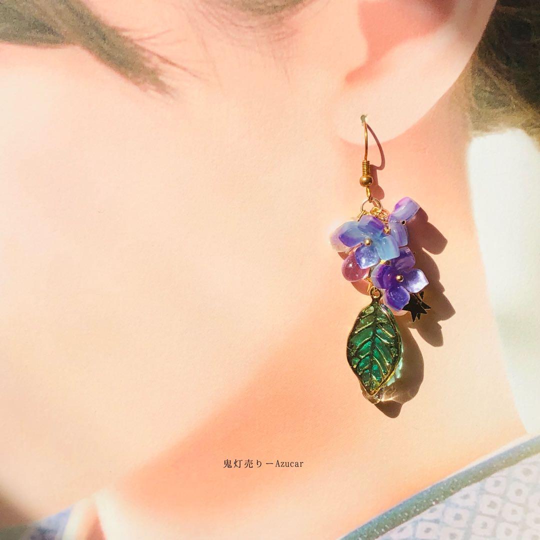 蒼彼岸花傘と紫陽花の和風ピアス　イヤリング(雨の日コーデ3点セット)
