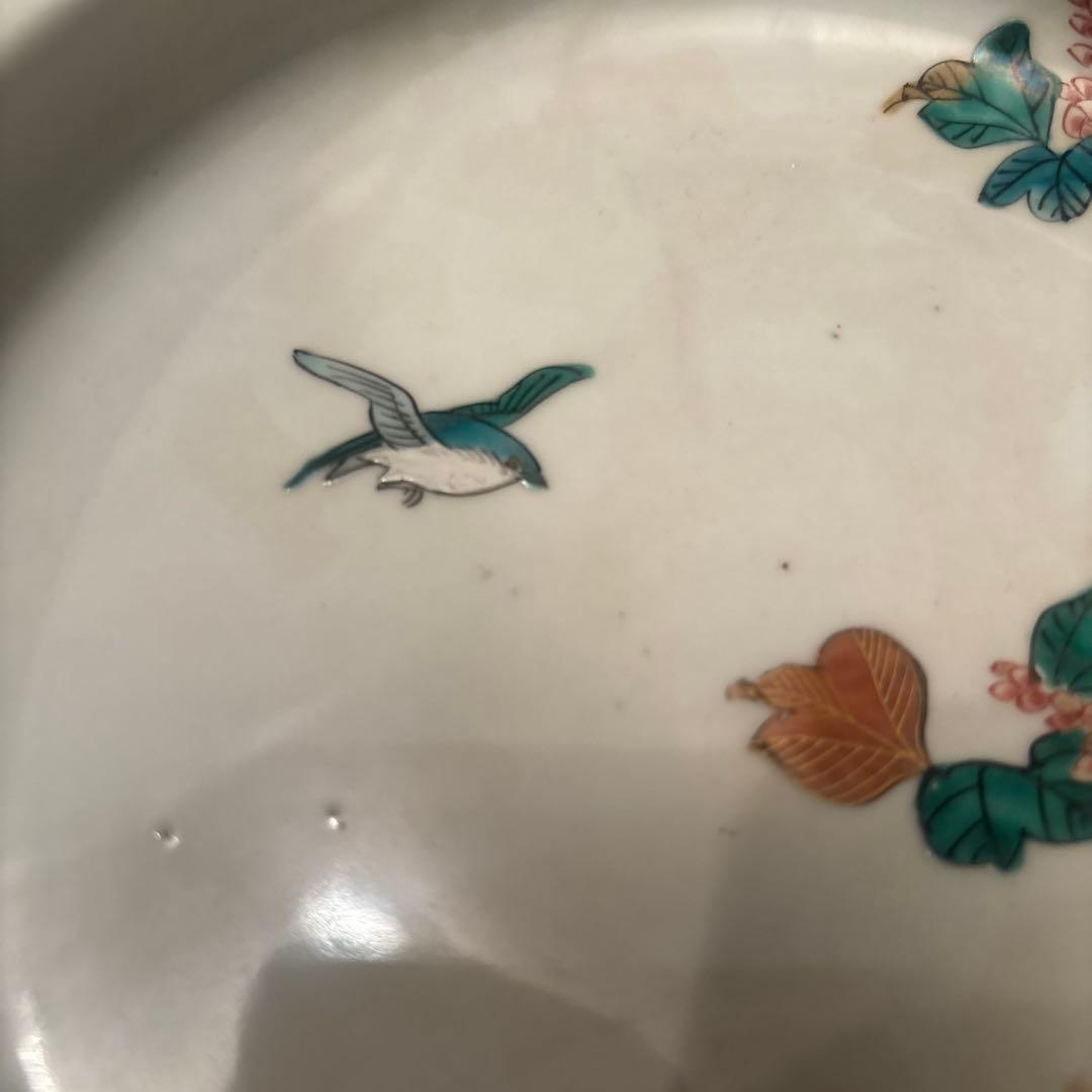 九谷焼江戸後期アンティーク手描きの鳥や草花、金彩が美しい九谷焼の色絵鳥花文中皿