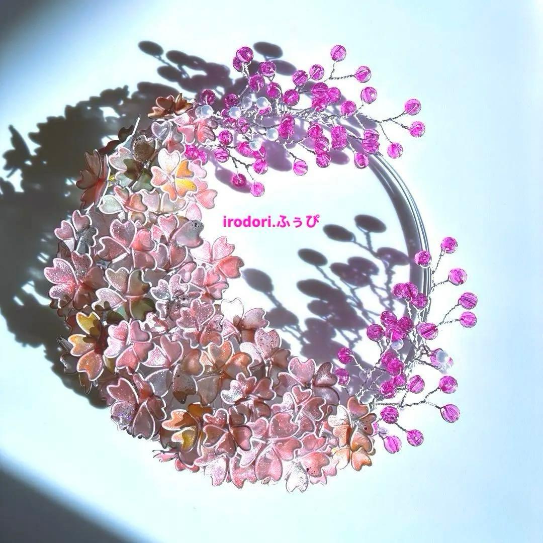 大きな雪上桜リース　ワイヤークラフト　ディップアート　アート　壁飾り　アート