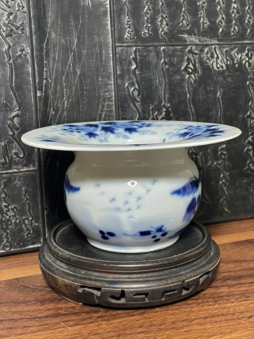中国古美術 文房具 清時代染付山水人物水盂 大清同治年製款