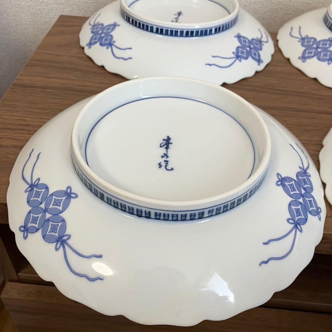 伊万里　輪花　七寸皿　赤絵松竹梅図　鍋島　柿右衛門様式　峯山作　櫛高台　5枚