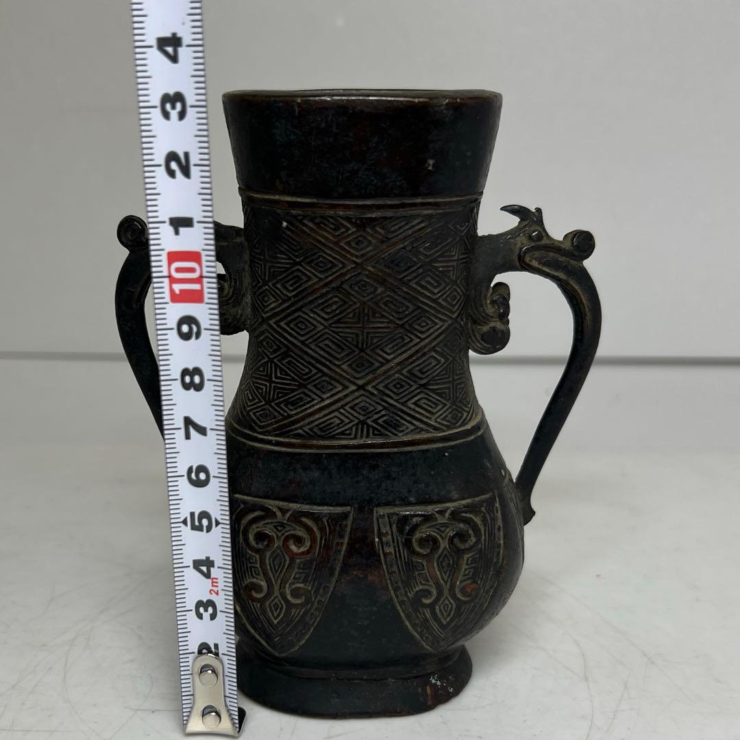 中国古玩大明宣特年表古銅龍互花瓶　406g 東奏8-0219☆2F