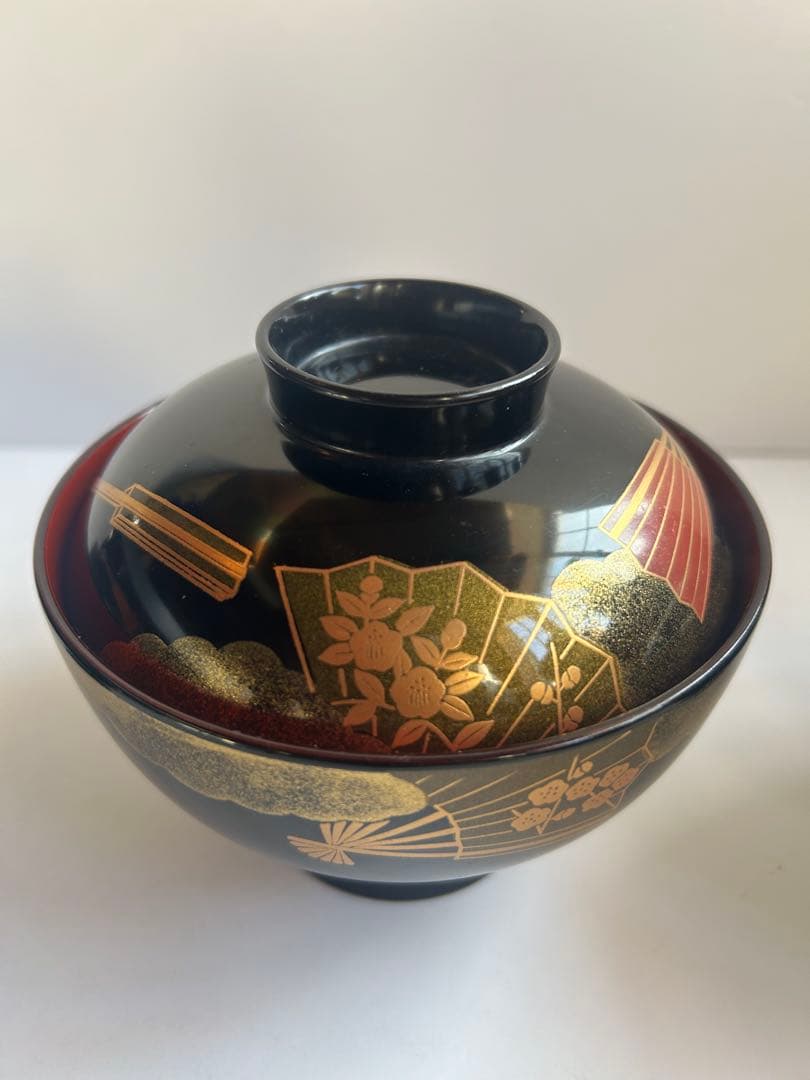 会津塗 蓋付き 大ぶり吸物椀 汁椀 丼椀 3セット 金蒔絵 扇柄 和食器