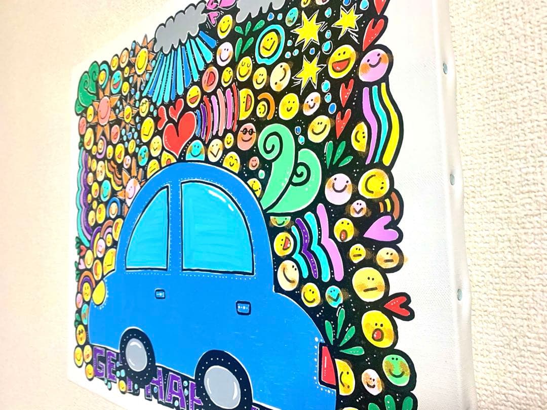【原画】オリジナルアート GETHAPPY 青い車　陽気 仲良し 虹 元気