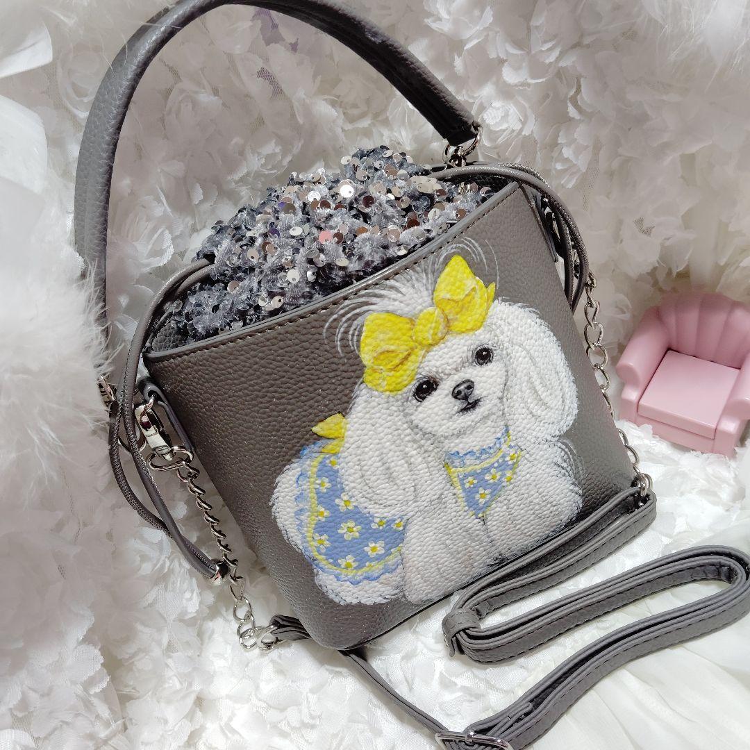 トールペイント犬バック合皮スパンコールショルダーバック♡マルチーズトイプードル♡