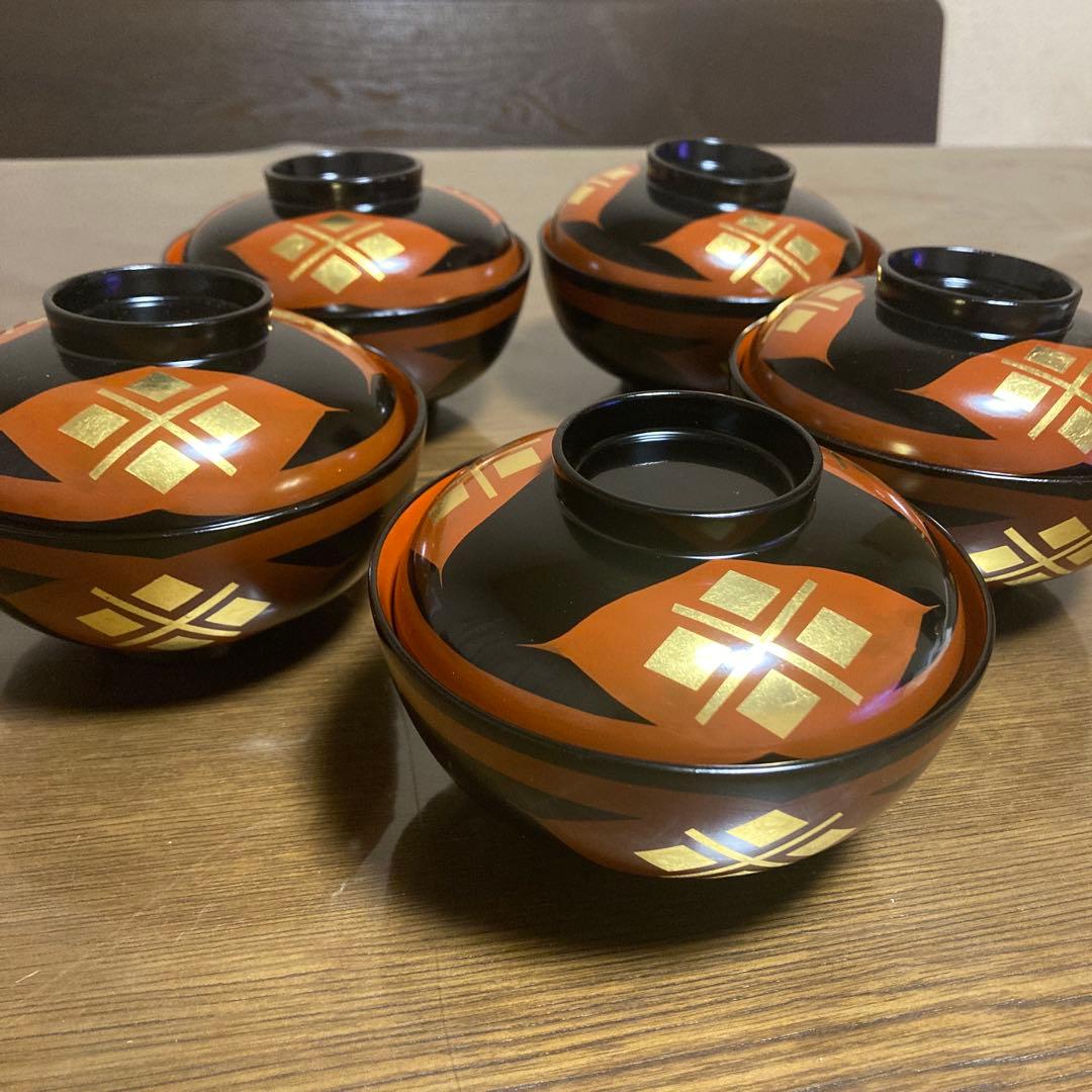 漆器　秀衡塗　翁知屋　黒内朱　蓋付き碗　汁椀　五客 セット