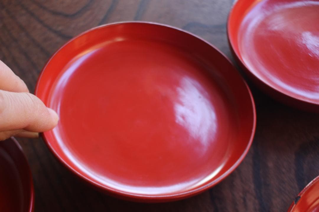 小傷有！シンプルデザインに時代朱漆の映える小皿5点（検輪島塗菓子皿銘々皿