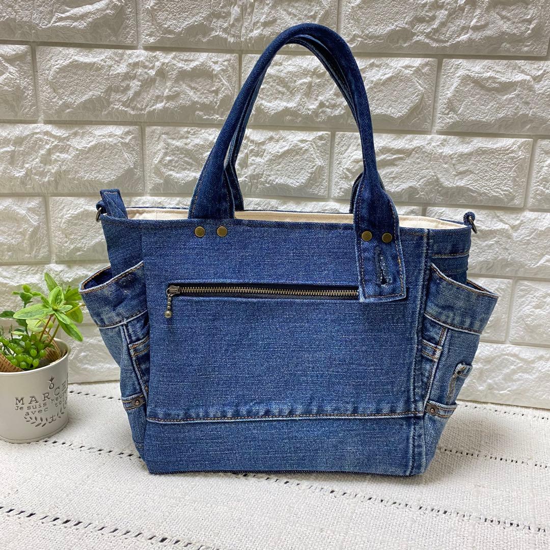 ハンドメイド　デニムリメイク　編み込みトートバッグ　インディゴブルー