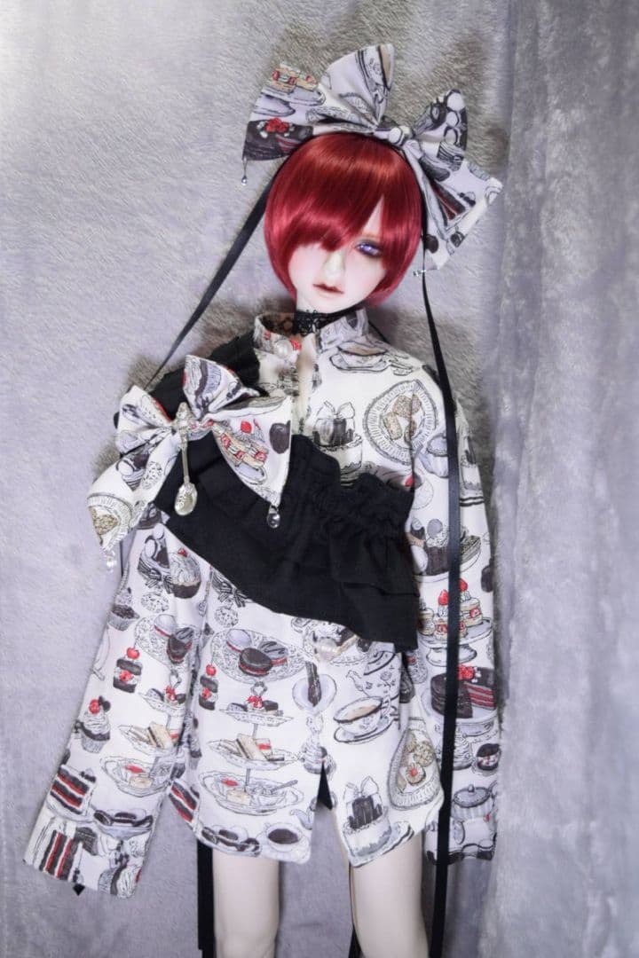 1/3ドール用オバケ袖シャツ お茶会柄(白)４点セット
