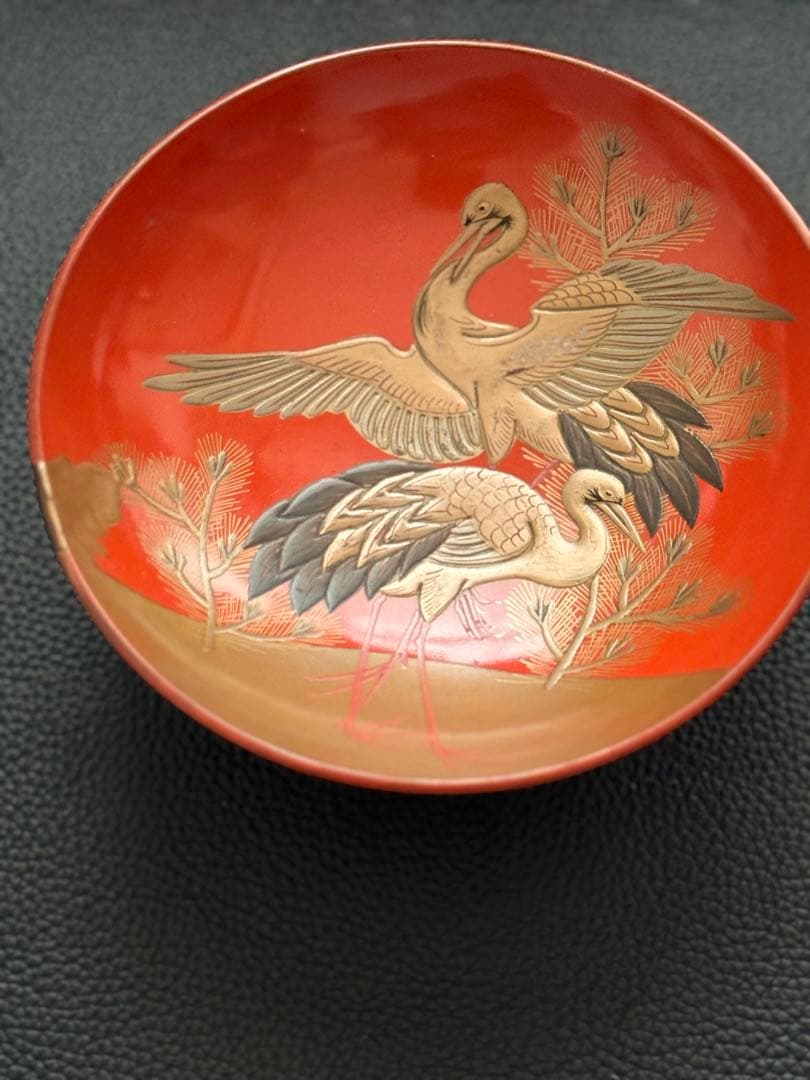 三重盃　時代物　朱塗　蒔絵　鶴の絵柄 3点セット