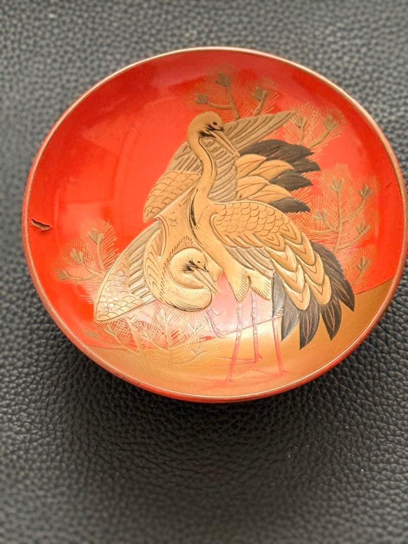 三重盃　時代物　朱塗　蒔絵　鶴の絵柄 3点セット