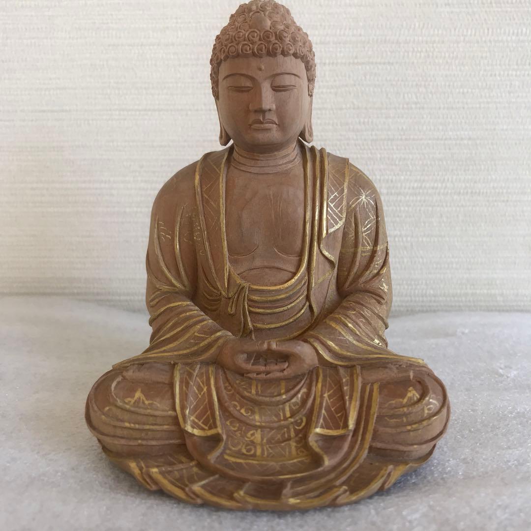 新品　総白檀　八角台　座釈迦2.5寸　曹洞宗　金泥書仏像　飛天光背