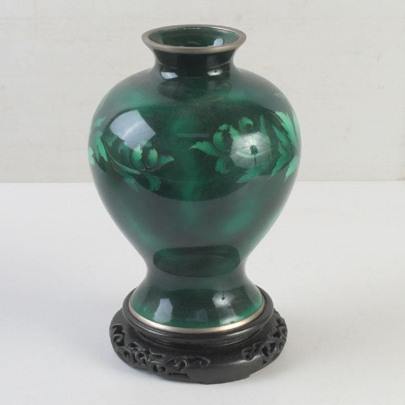 七宝焼　安藤七宝店　緑釉　花文　花瓶　唐木台　共箱　V　9930A