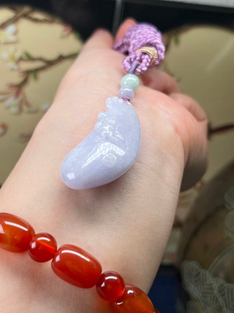 天然本翡翠、濃いラベンダー【善行】福瓜&【呱呱来财】金銭カエル　鑑定書付き