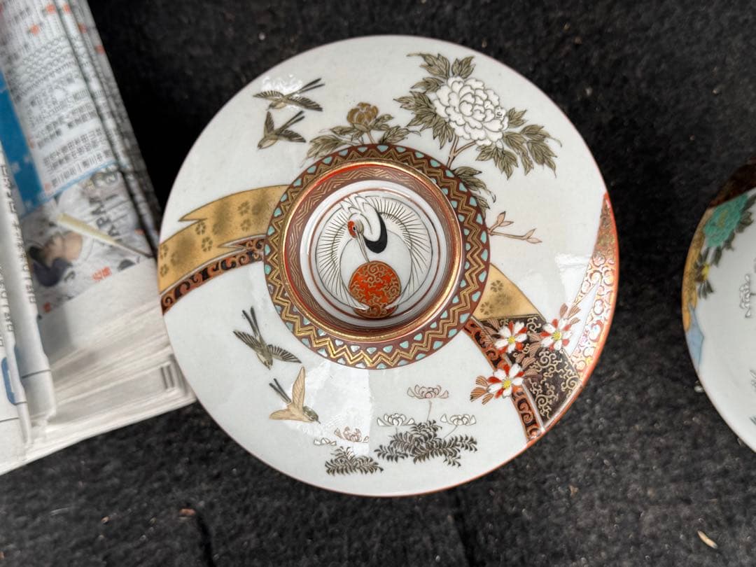 ‼️早速半額‼️リサイクルFORT‼️幕末明治期の九谷焼で金彩色絵‼️吉祥図蓋物茶碗五客