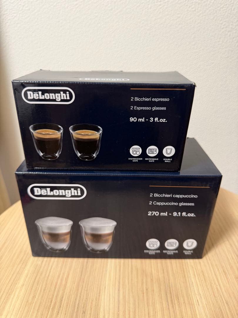新品未使用DeLonghi エスプレッソ・カプチーノ用グラスセットとコーヒー豆
