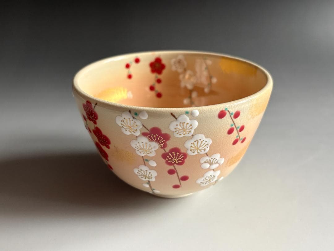 加藤起楽　色絵　茶碗　紅白しだれ梅　茶道具