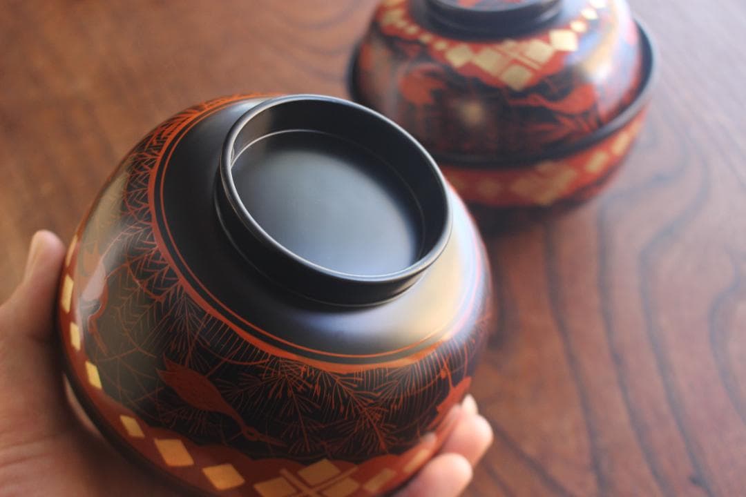 デッドストック！上質黒漆に極上秀衡蒔絵の映えるお椀2点（検山中塗