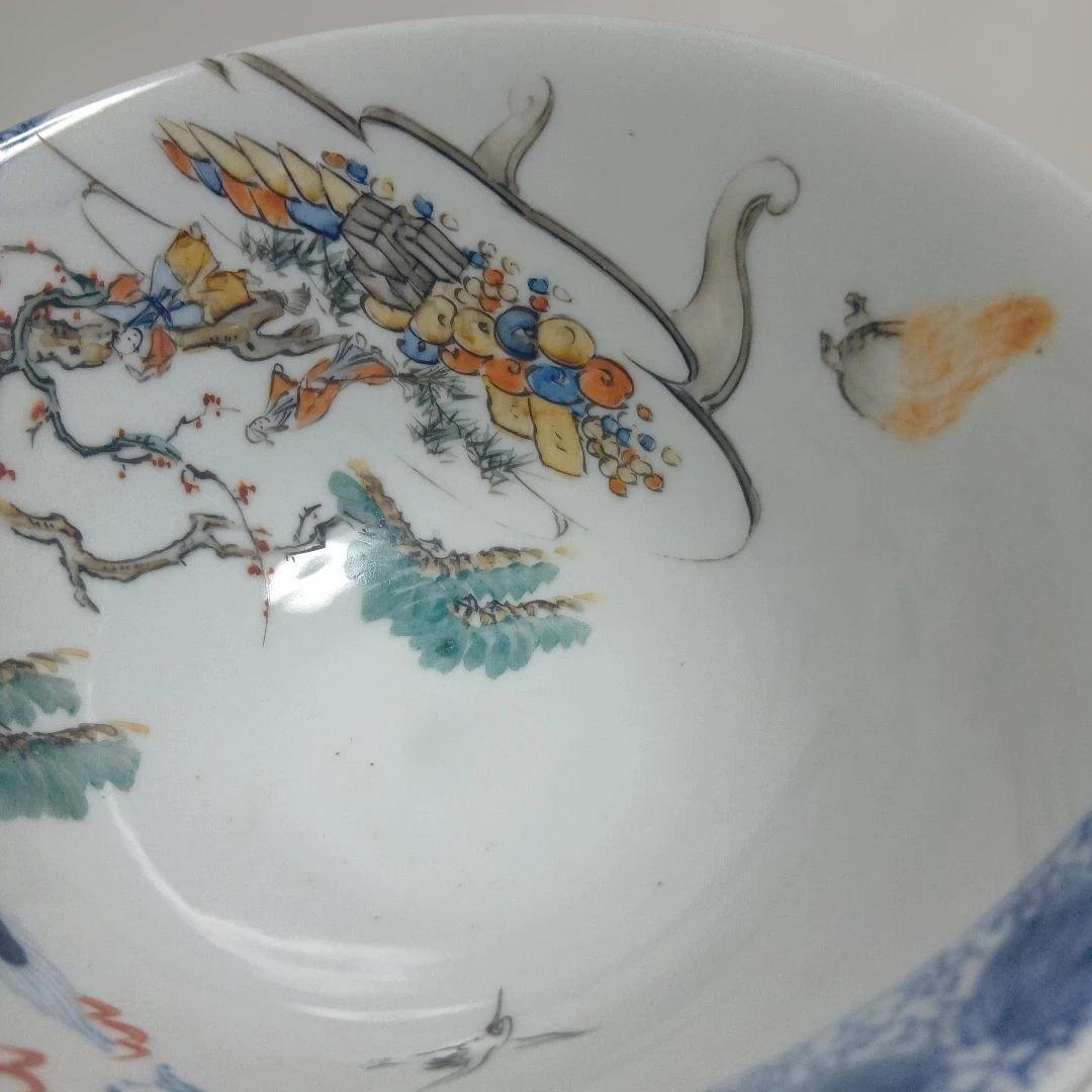 骨董品　庄上製　還了樋口 手描きの青白い陶器の深皿