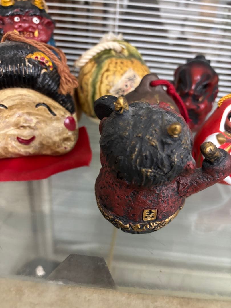 日本の伝統的な手作り陶器置物　だるま　鬼　お土産　鈴　ひょっとこ　昭和