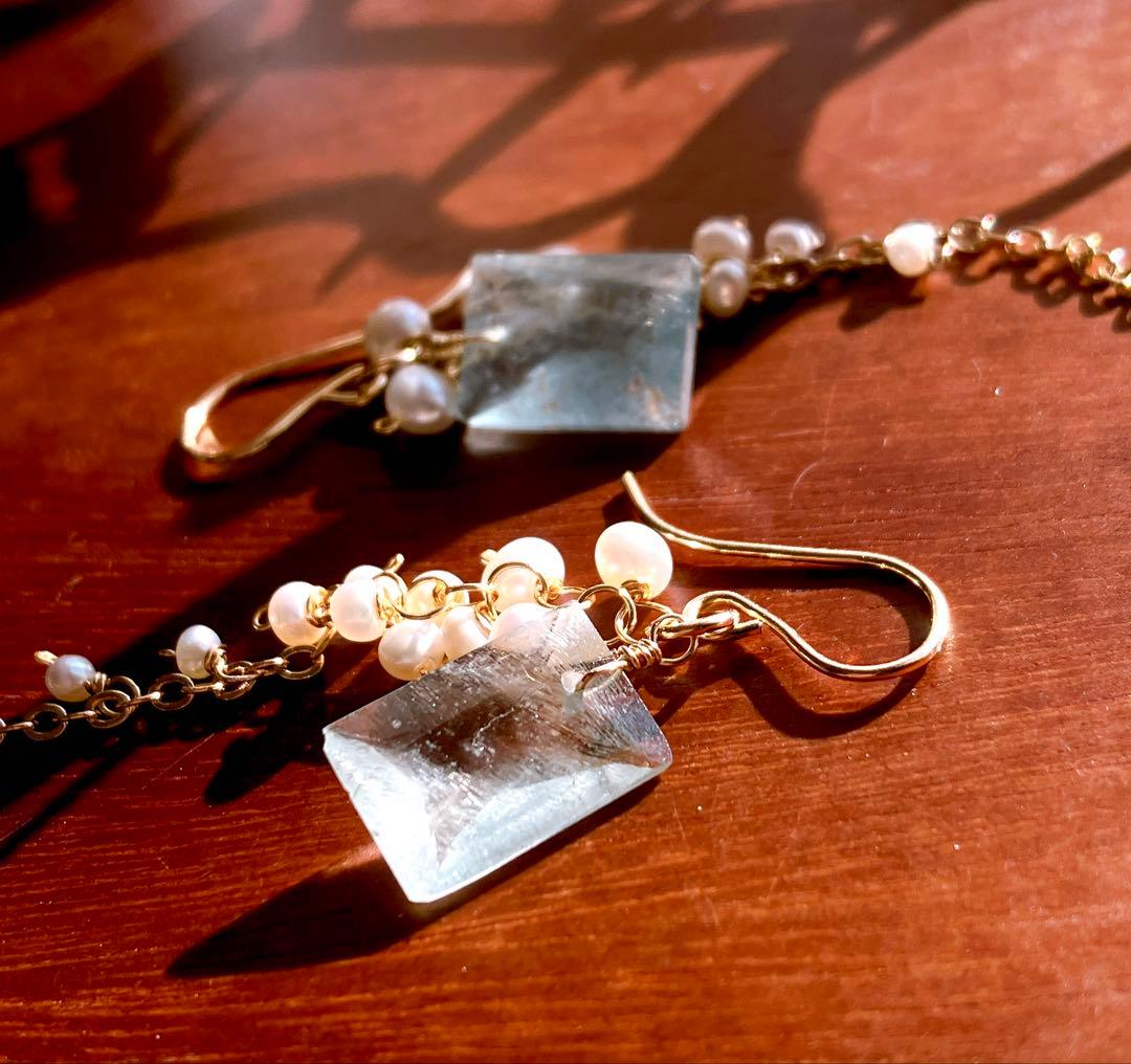らん◆希少石✧ラスト1ペア✧シンデレラアクアマリン×淡水パールピアス