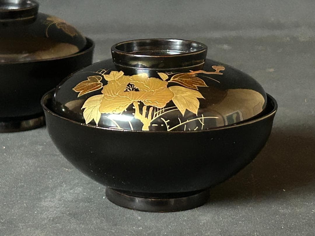 輪島塗 金蒔絵 牡丹図 黒塗 天然木 吸物椀 5客 茶懐石道具 s29