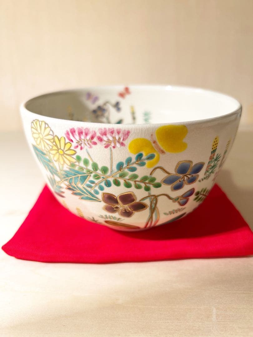 抹茶茶碗　京焼　色絵　春の野　茶道具