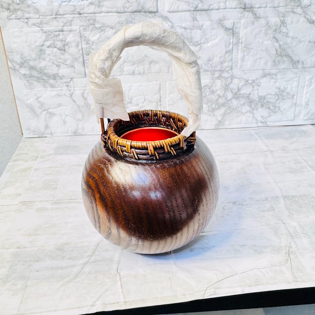 【新品】茶道具 花籠 竹手付 籐巻装飾 木製 丸型 花器 伝統工芸 インテリア