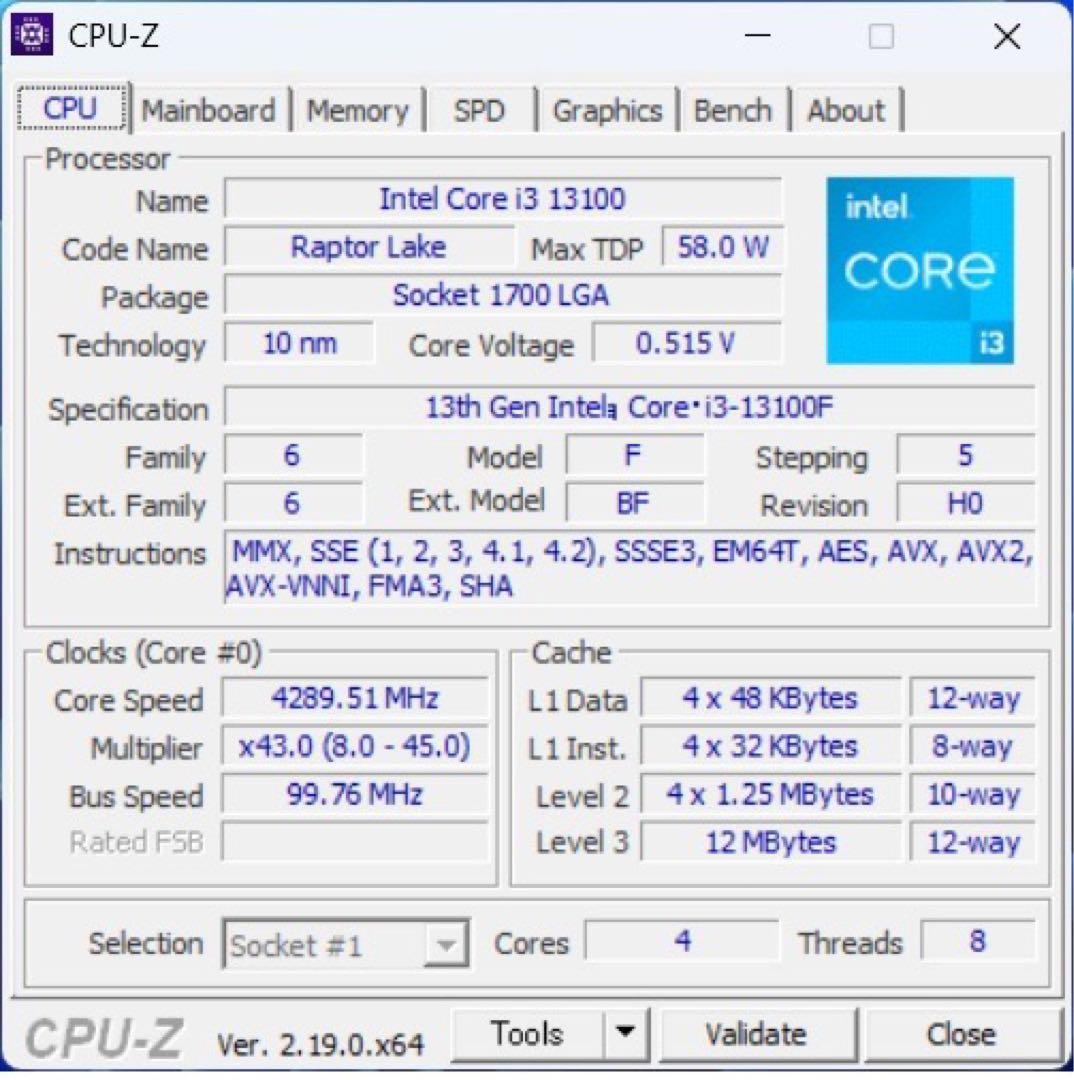Intel Core i3-13100F CPU 中古動作品